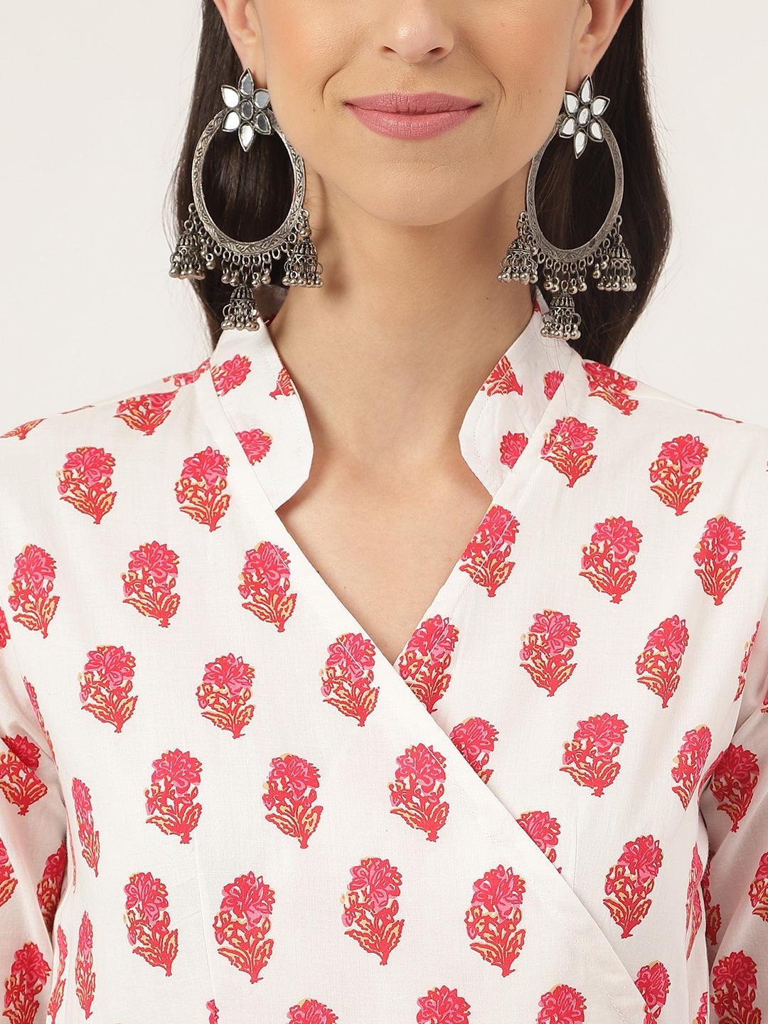 White And Red Floral Printed Angarakha Kurta | LASVINI - Redefining Indian Fashion with Elegance