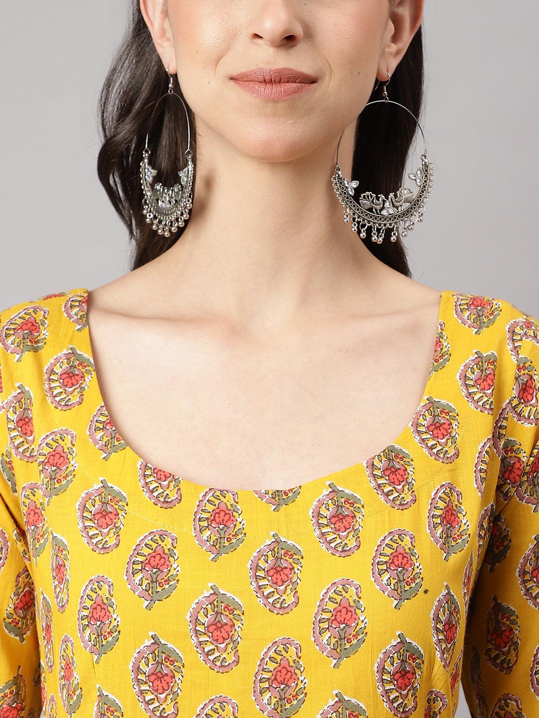 Yellow Cotton Anarkali Kurta Pant Set With Dupatta | LASVINI - Redefining Indian Fashion with Elegance