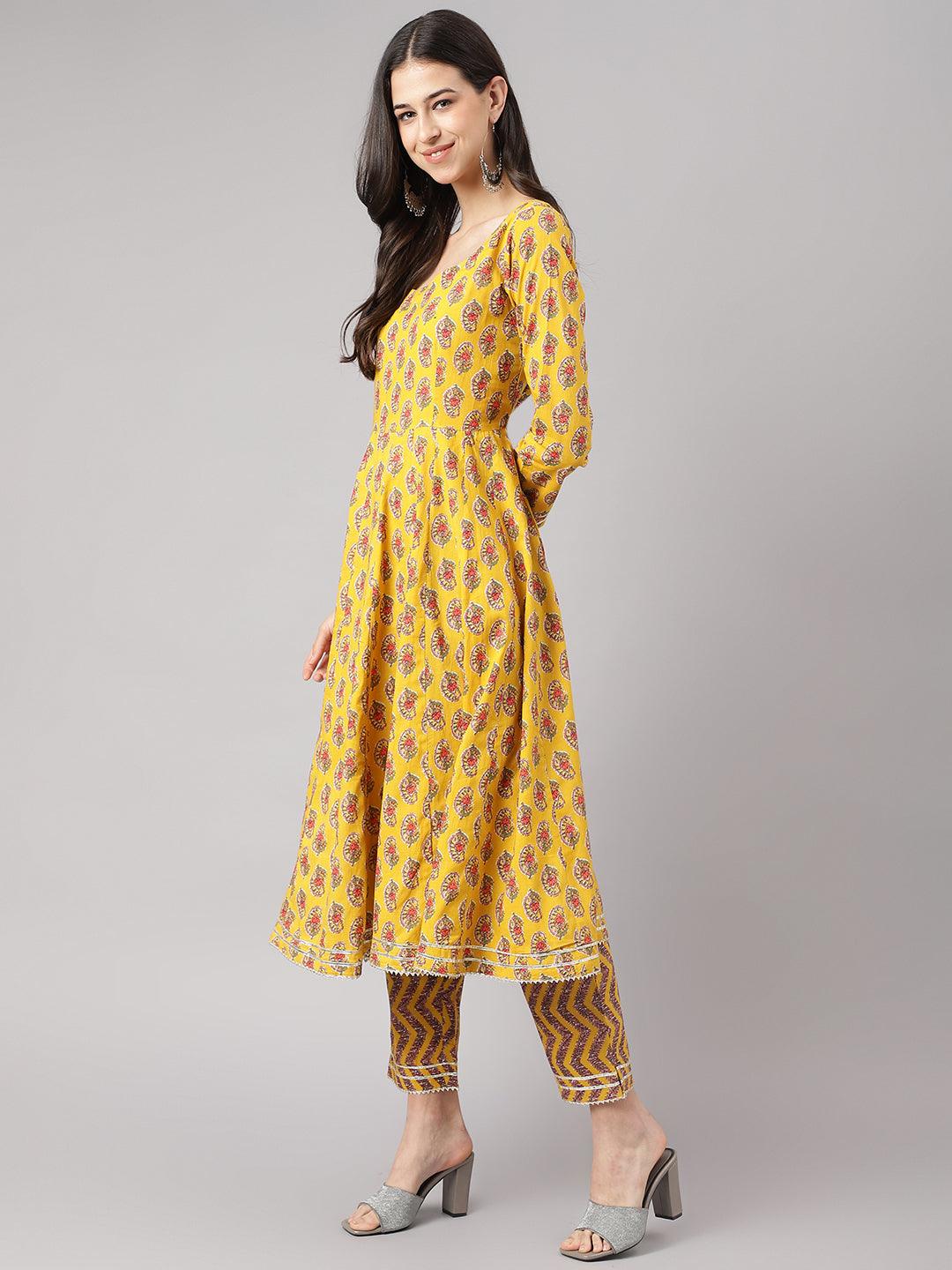 Yellow Cotton Anarkali Kurta Pant Set With Dupatta | LASVINI - Redefining Indian Fashion with Elegance