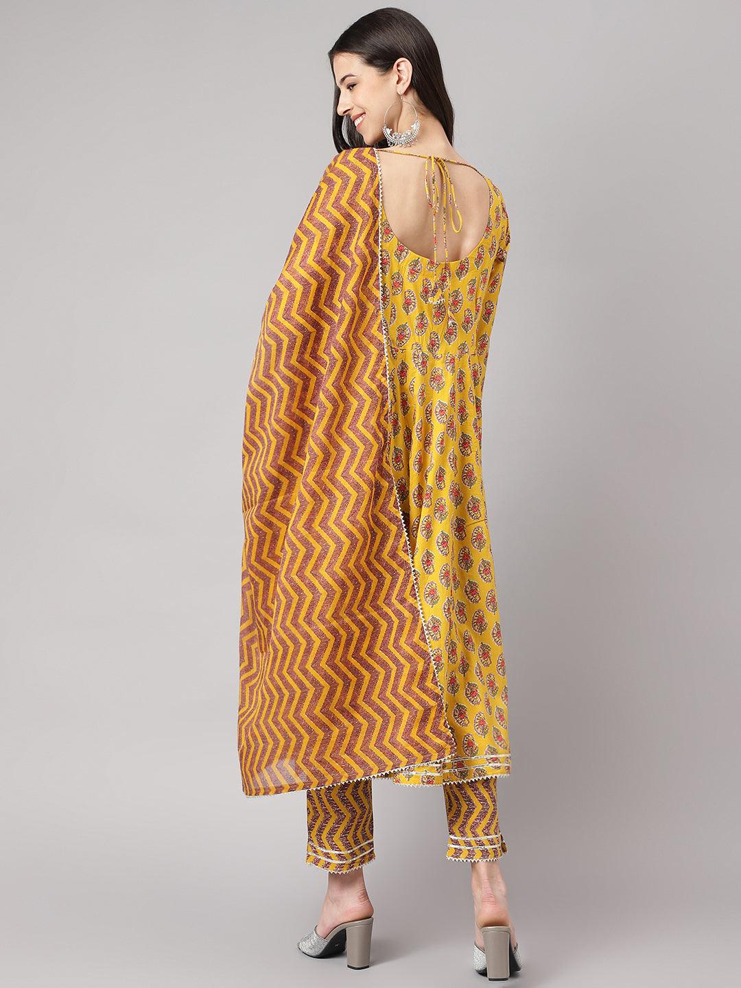 Yellow Cotton Anarkali Kurta Pant Set With Dupatta | LASVINI - Redefining Indian Fashion with Elegance