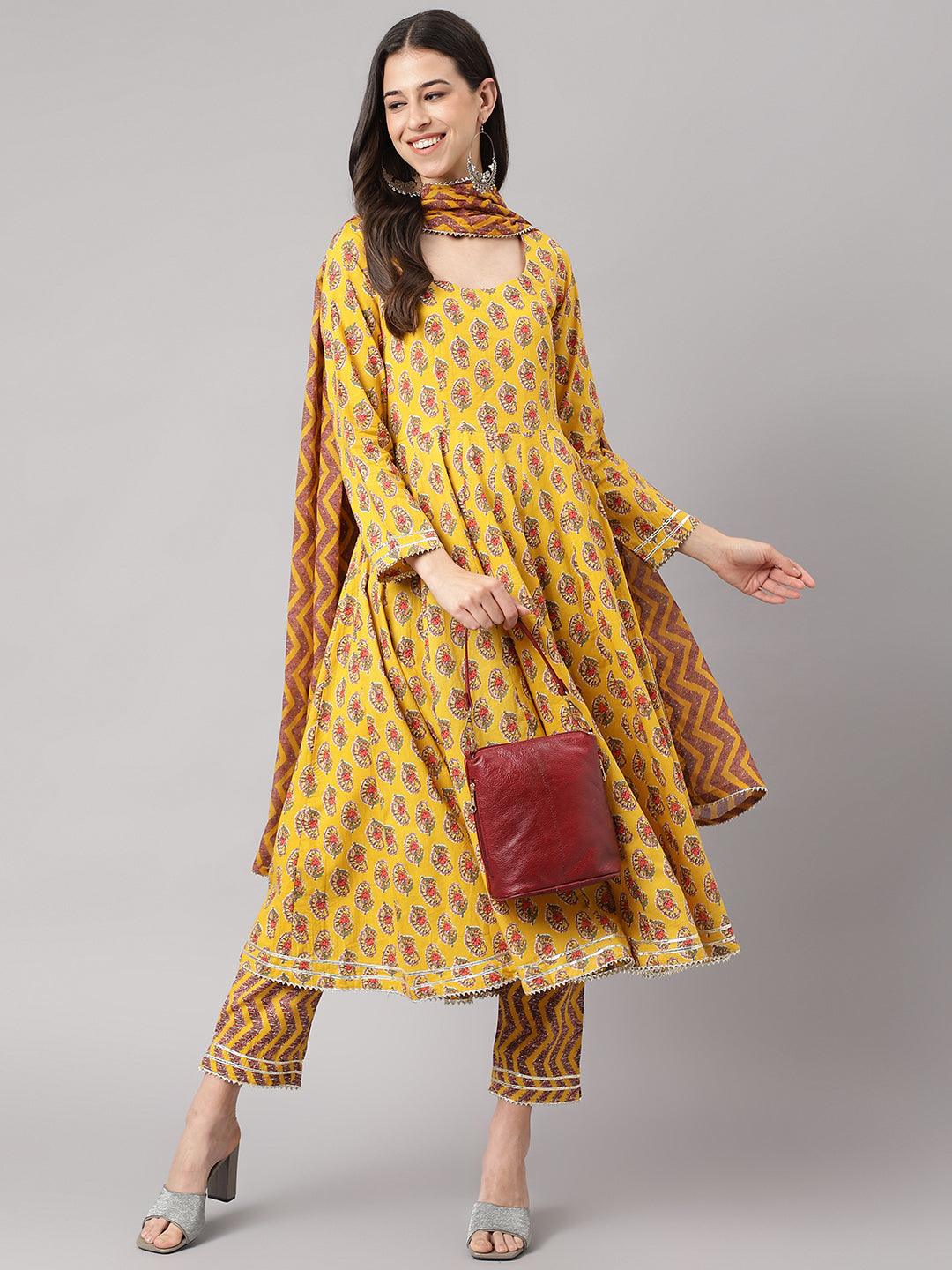 Yellow Cotton Anarkali Kurta Pant Set With Dupatta | LASVINI - Redefining Indian Fashion with Elegance