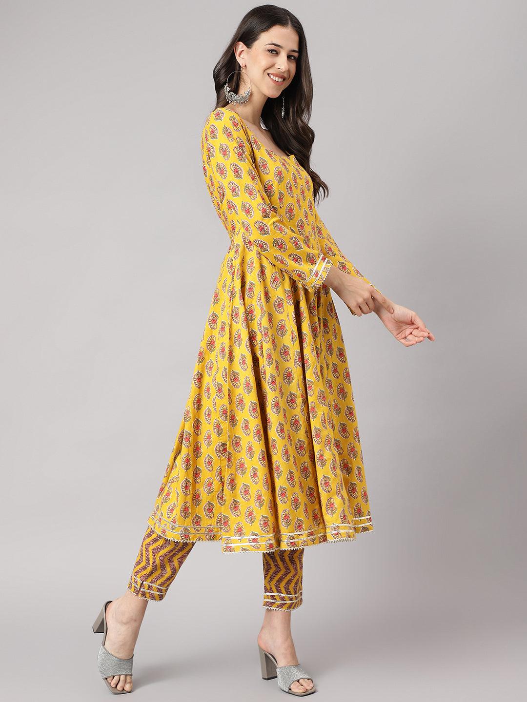 Yellow Cotton Anarkali Kurta Pant Set With Dupatta | LASVINI - Redefining Indian Fashion with Elegance