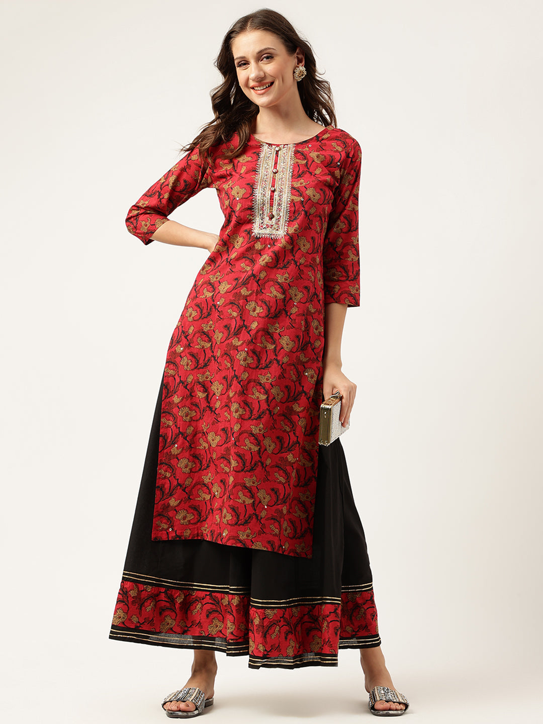 Floral Printed Cotton Kurta With Sharara Set | LASVINI - Redefining Indian Fashion with Elegance