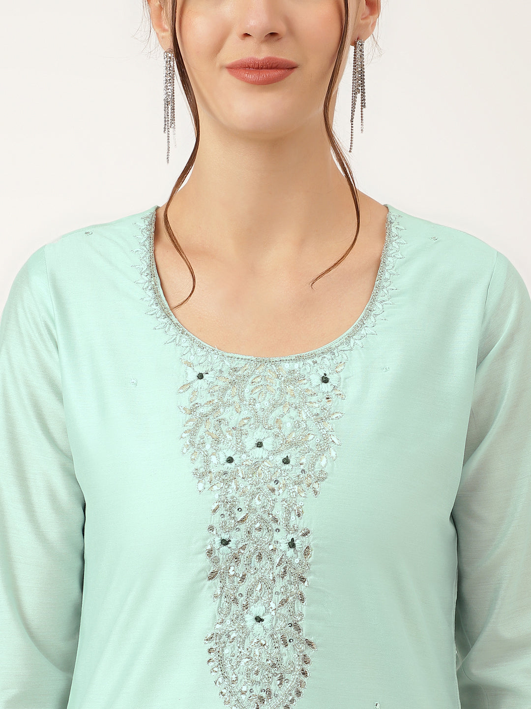 Sea Green Embroidered Chanderi Kurta, Trouser With Dupatta | LASVINI - Redefining Indian Fashion with Elegance