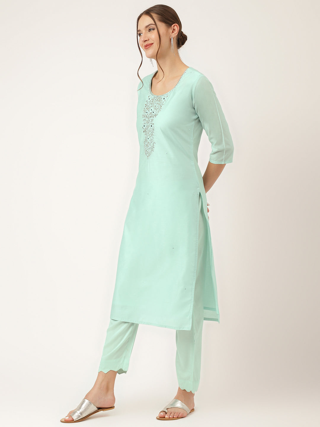 Sea Green Embroidered Chanderi Kurta, Trouser With Dupatta | LASVINI - Redefining Indian Fashion with Elegance