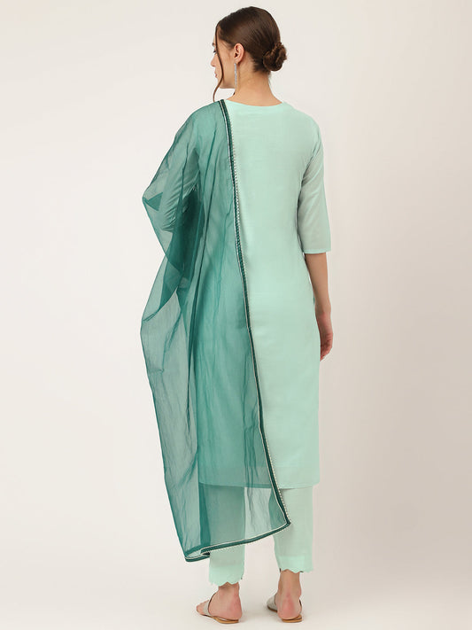 Sea Green Embroidered Chanderi Kurta, Trouser With Dupatta | LASVINI - Redefining Indian Fashion with Elegance