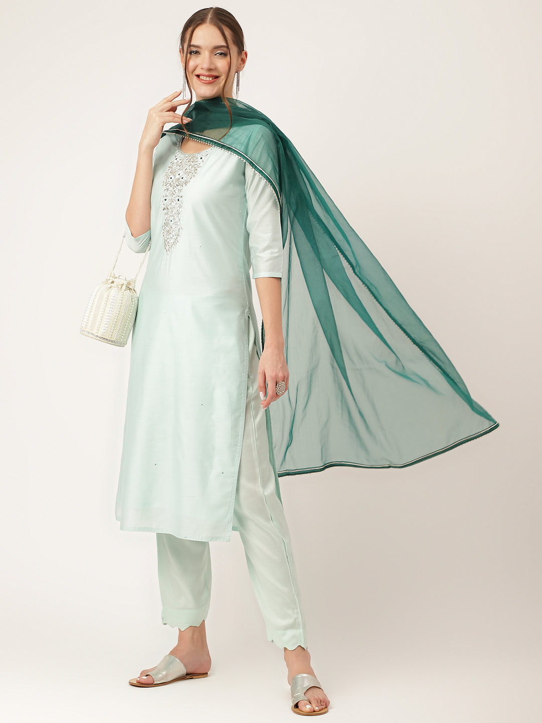 Sea Green Embroidered Chanderi Kurta, Trouser With Dupatta | LASVINI - Redefining Indian Fashion with Elegance