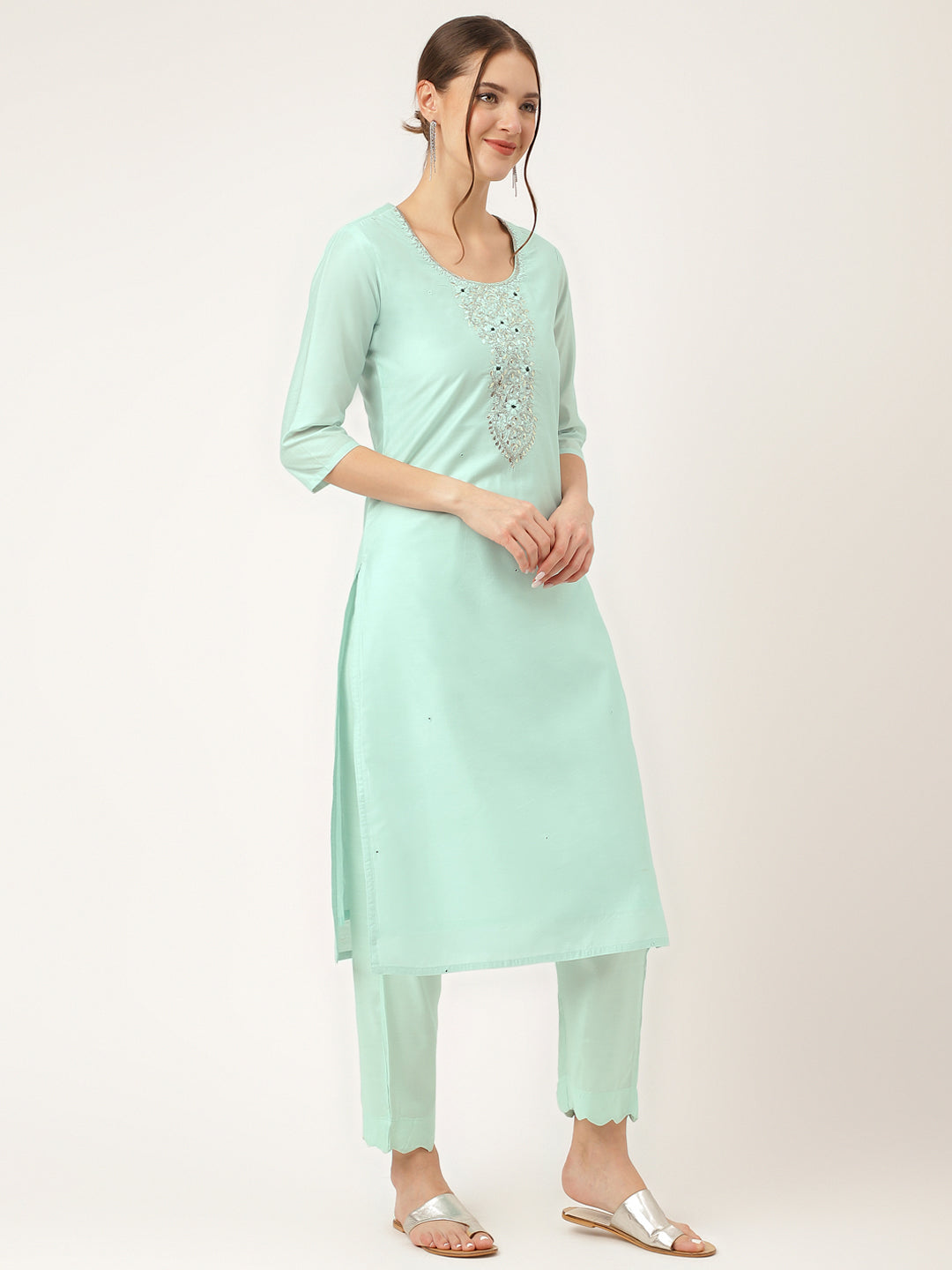 Sea Green Embroidered Chanderi Kurta, Trouser With Dupatta | LASVINI - Redefining Indian Fashion with Elegance