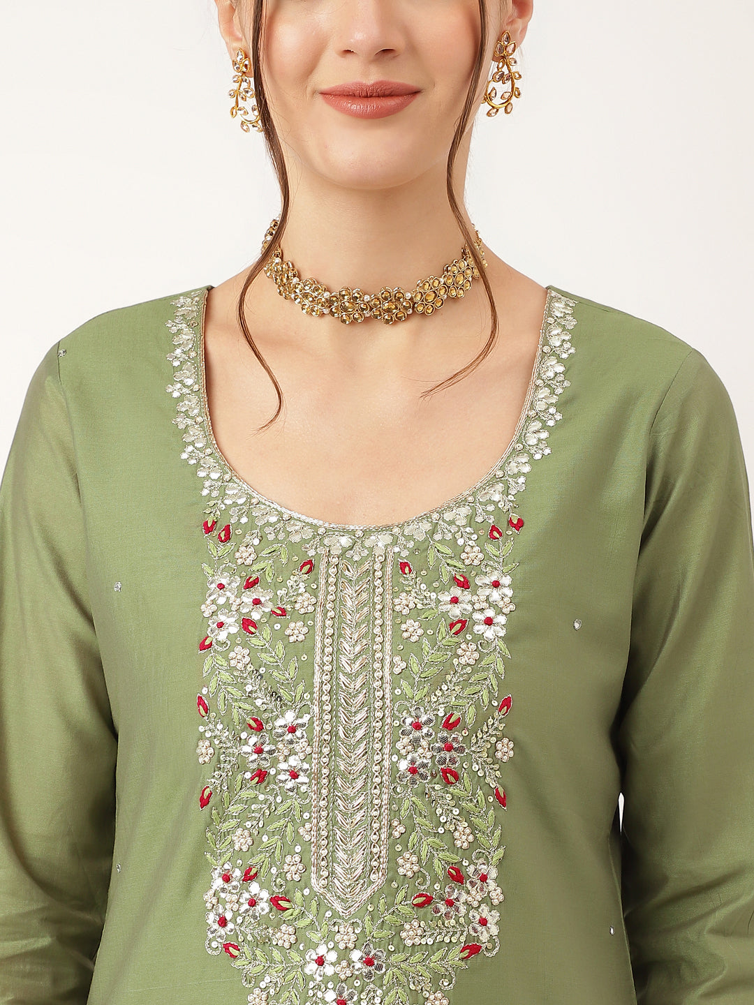 Green Embroidered Chanderi Kurta, Trouser With Dupatta | LASVINI - Redefining Indian Fashion with Elegance