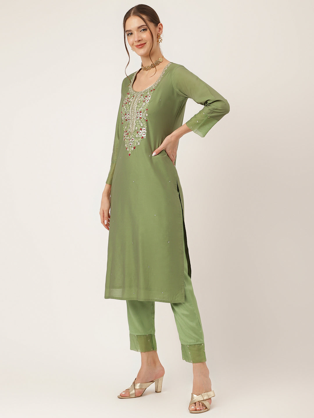 Green Embroidered Chanderi Kurta, Trouser With Dupatta | LASVINI - Redefining Indian Fashion with Elegance
