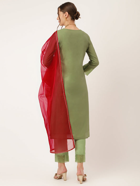 Green Embroidered Chanderi Kurta, Trouser With Dupatta | LASVINI - Redefining Indian Fashion with Elegance