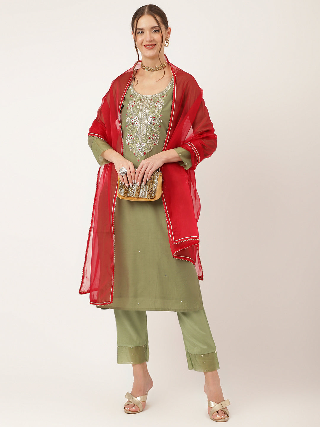 Green Embroidered Chanderi Kurta, Trouser With Dupatta | LASVINI - Redefining Indian Fashion with Elegance
