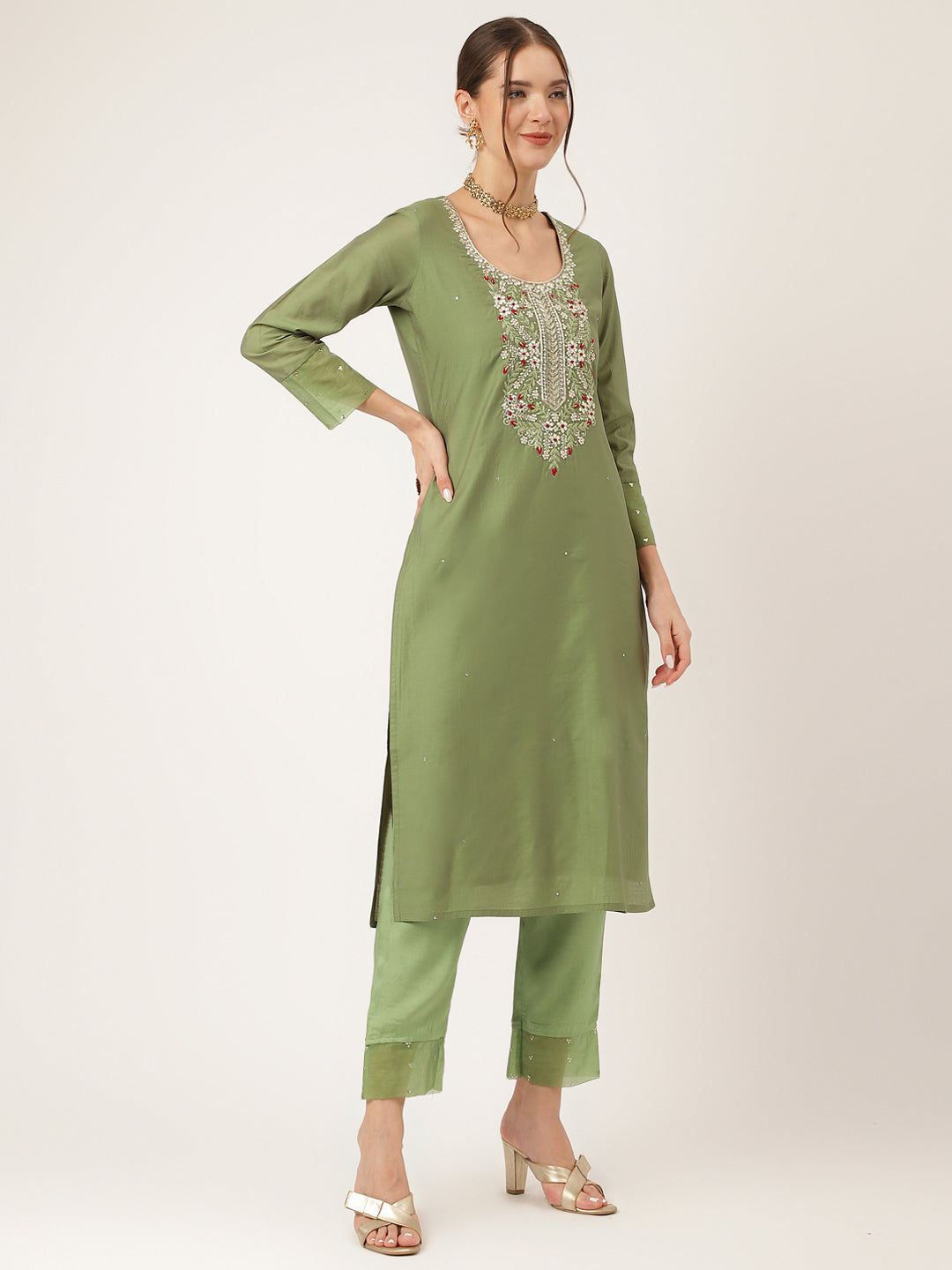 Green Embroidered Chanderi Kurta, Trouser With Dupatta | LASVINI - Redefining Indian Fashion with Elegance