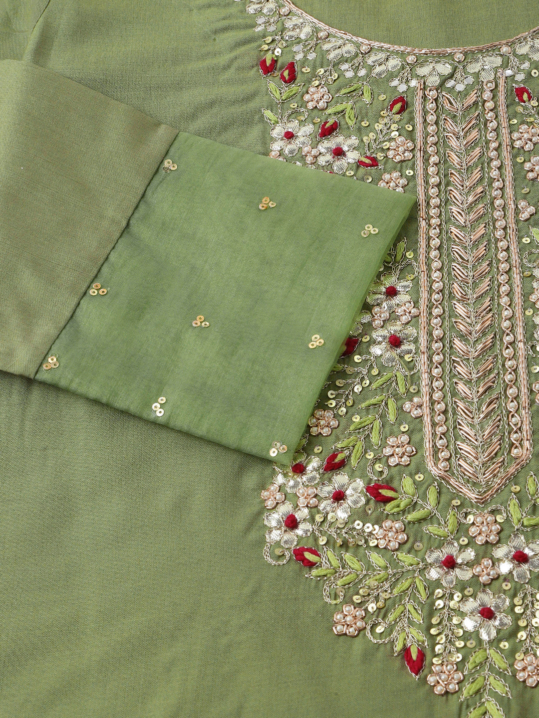 Green Embroidered Chanderi Kurta, Trouser With Dupatta | LASVINI - Redefining Indian Fashion with Elegance
