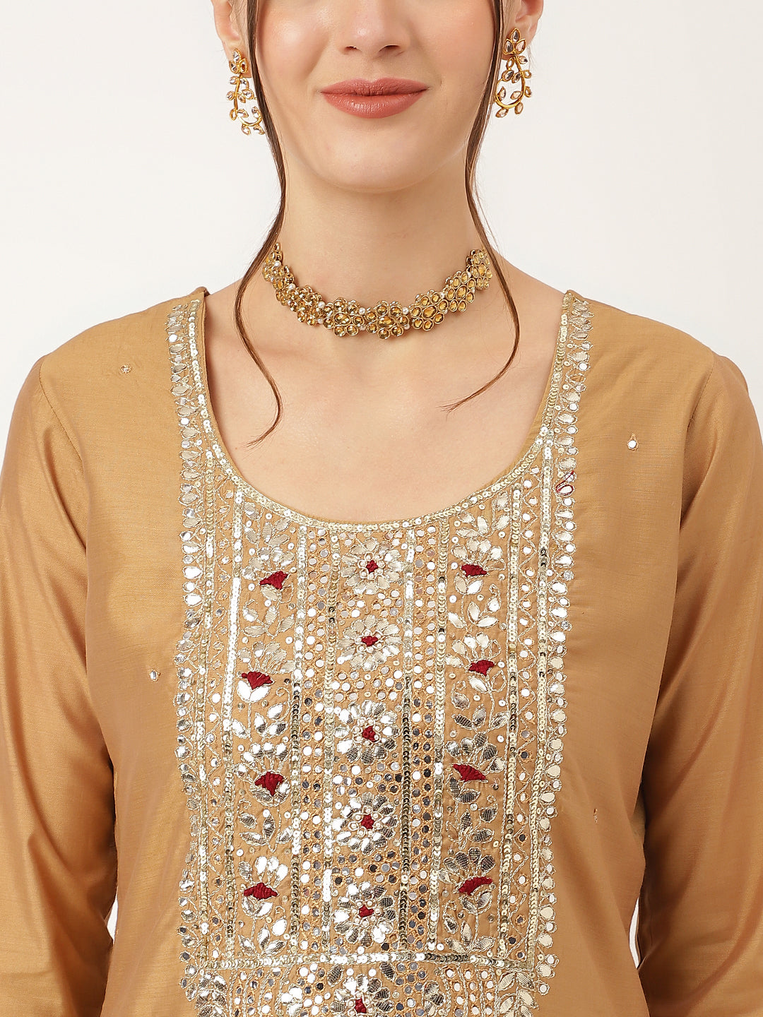 Brown Embroidered Chanderi Kurta, Trouser With Dupatta | LASVINI - Redefining Indian Fashion with Elegance