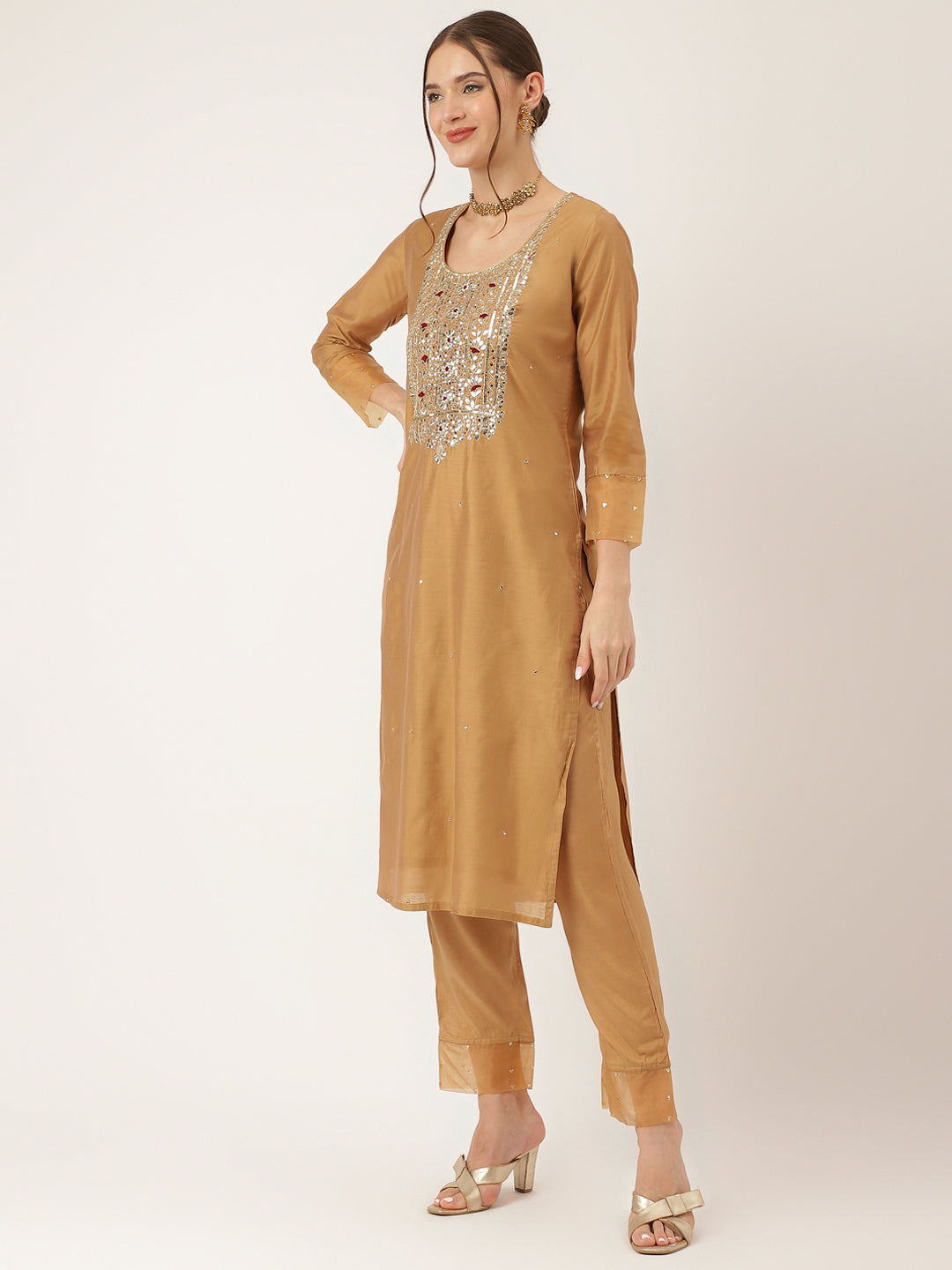 Brown Embroidered Chanderi Kurta, Trouser With Dupatta | LASVINI - Redefining Indian Fashion with Elegance