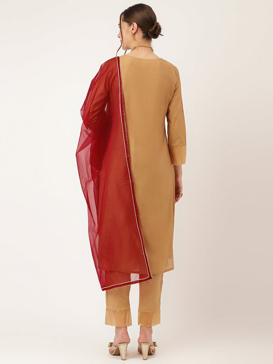 Brown Embroidered Chanderi Kurta, Trouser With Dupatta | LASVINI - Redefining Indian Fashion with Elegance