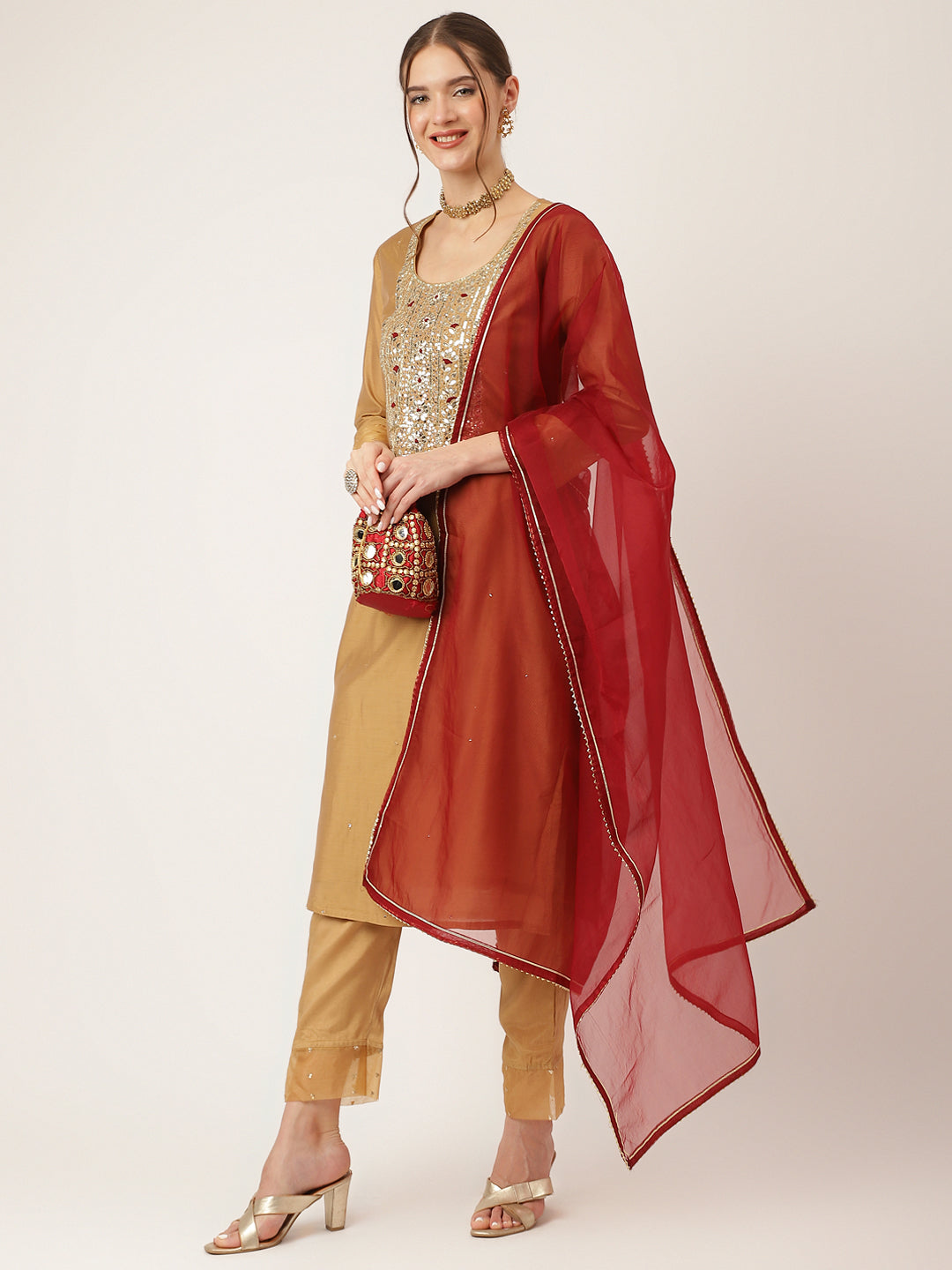 Brown Embroidered Chanderi Kurta, Trouser With Dupatta | LASVINI - Redefining Indian Fashion with Elegance