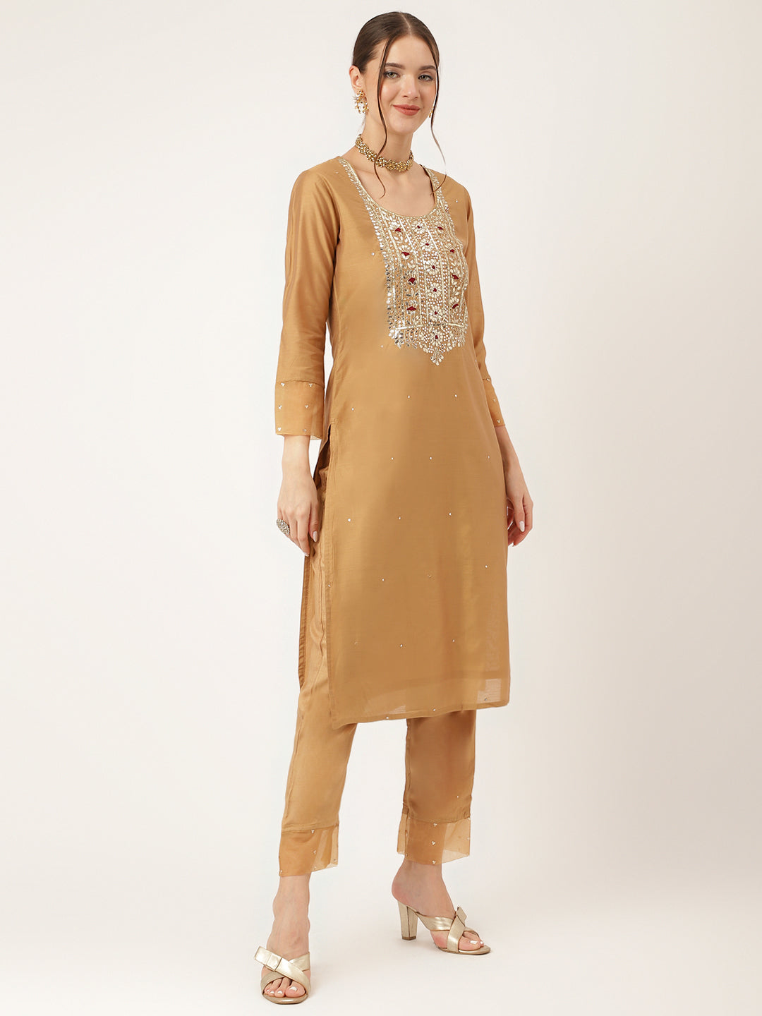 Brown Embroidered Chanderi Kurta, Trouser With Dupatta | LASVINI - Redefining Indian Fashion with Elegance