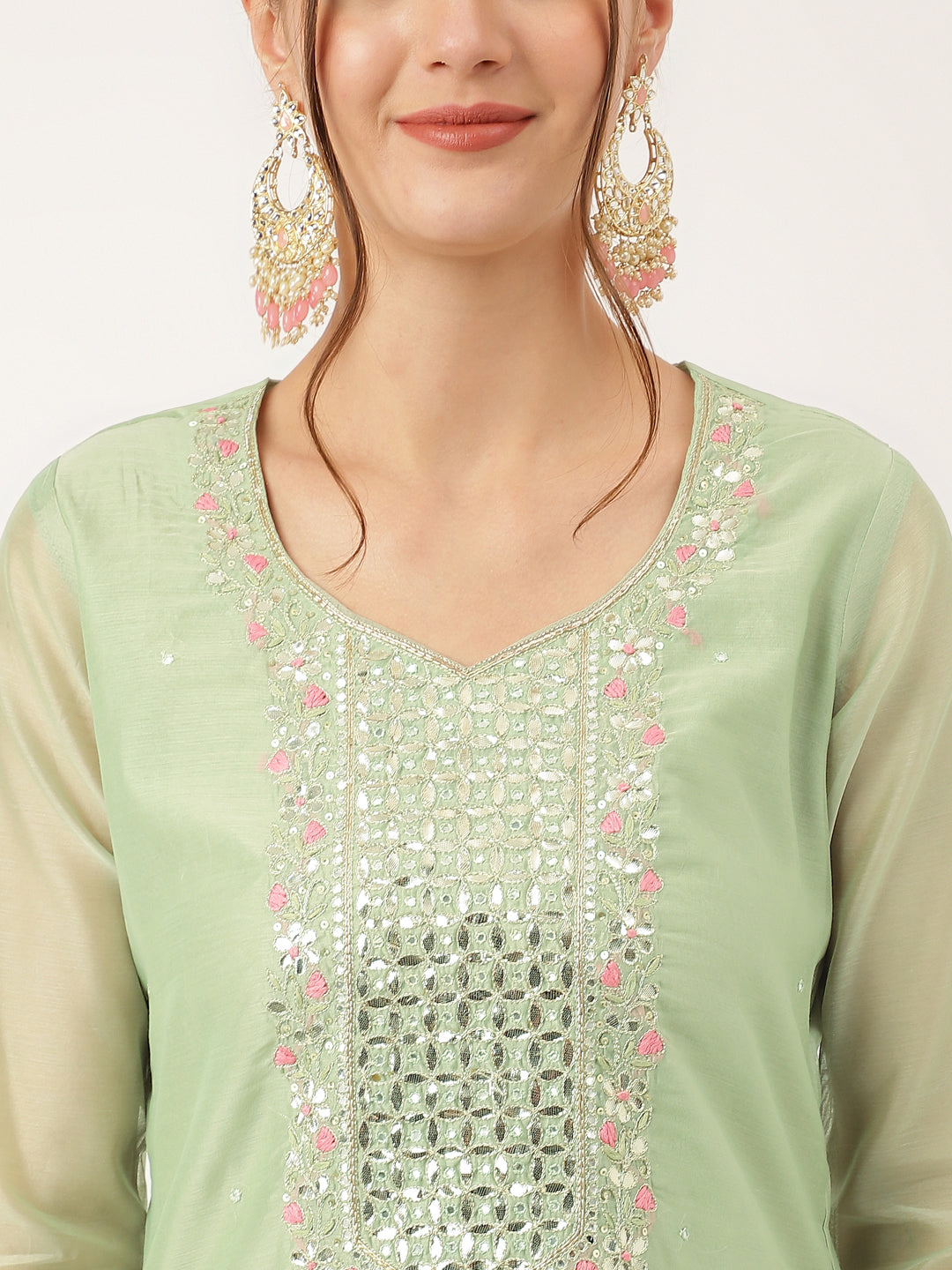 Green Pink Embroidered Chanderi Kurta, Trouser With Dupatta | LASVINI - Redefining Indian Fashion with Elegance