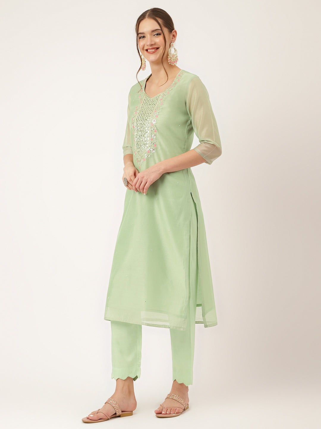 Green Pink Embroidered Chanderi Kurta, Trouser With Dupatta | LASVINI - Redefining Indian Fashion with Elegance