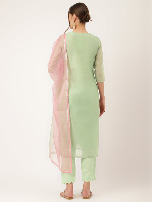 Green Pink Embroidered Chanderi Kurta, Trouser With Dupatta | LASVINI - Redefining Indian Fashion with Elegance