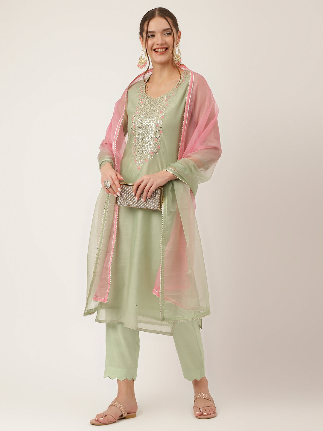 Green Pink Embroidered Chanderi Kurta, Trouser With Dupatta | LASVINI - Redefining Indian Fashion with Elegance