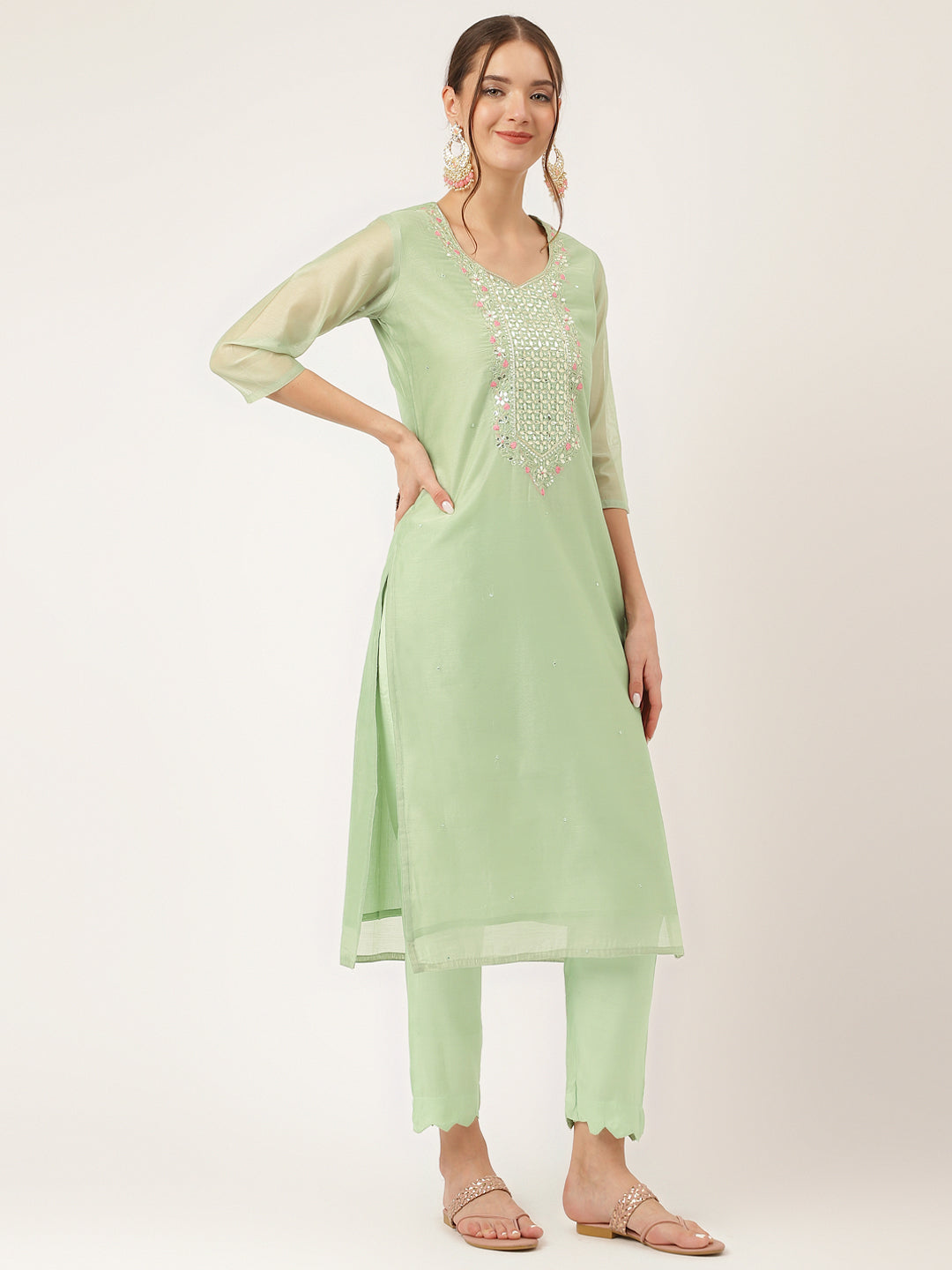 Green Pink Embroidered Chanderi Kurta, Trouser With Dupatta | LASVINI - Redefining Indian Fashion with Elegance