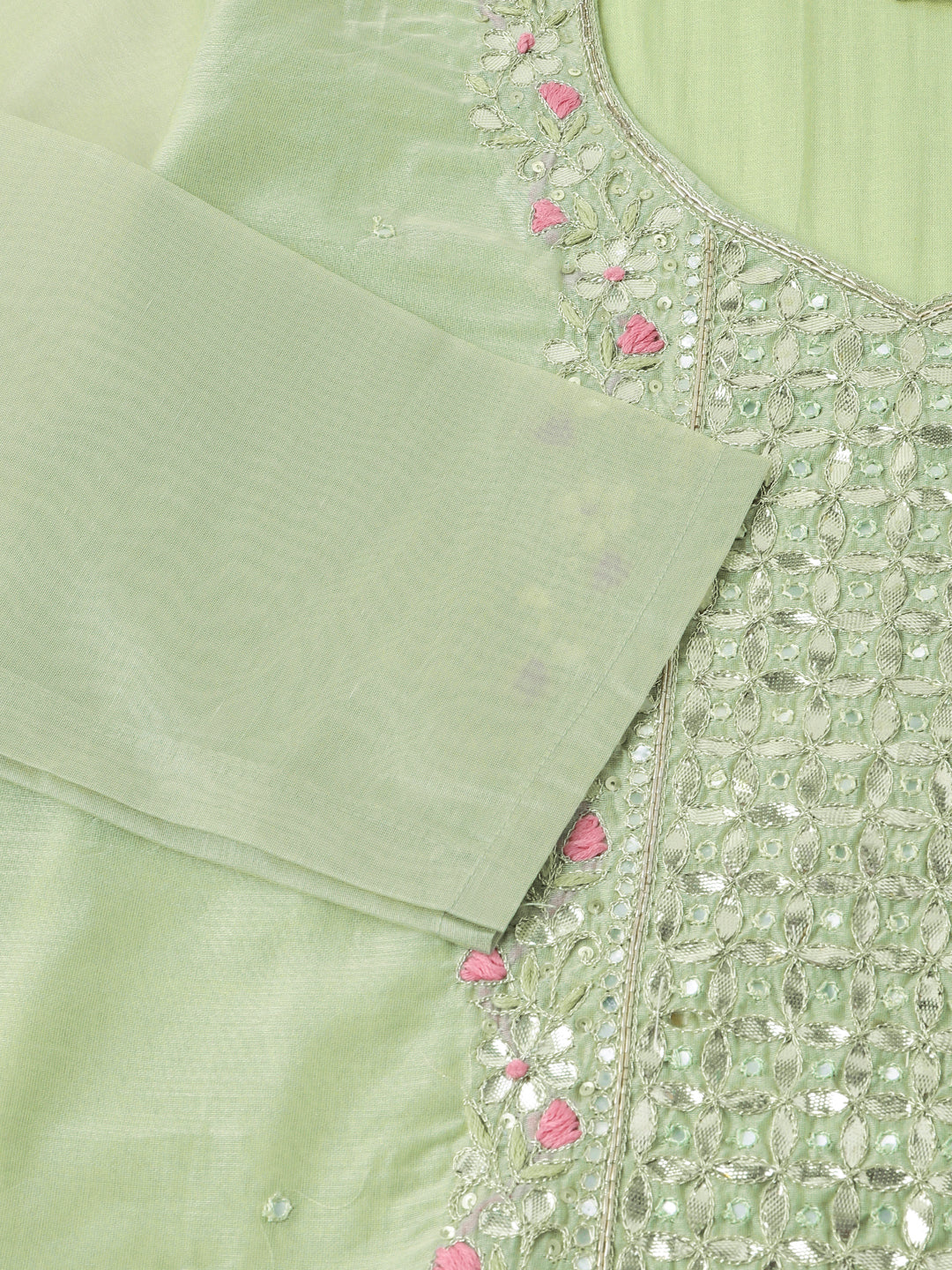 Green Pink Embroidered Chanderi Kurta, Trouser With Dupatta | LASVINI - Redefining Indian Fashion with Elegance