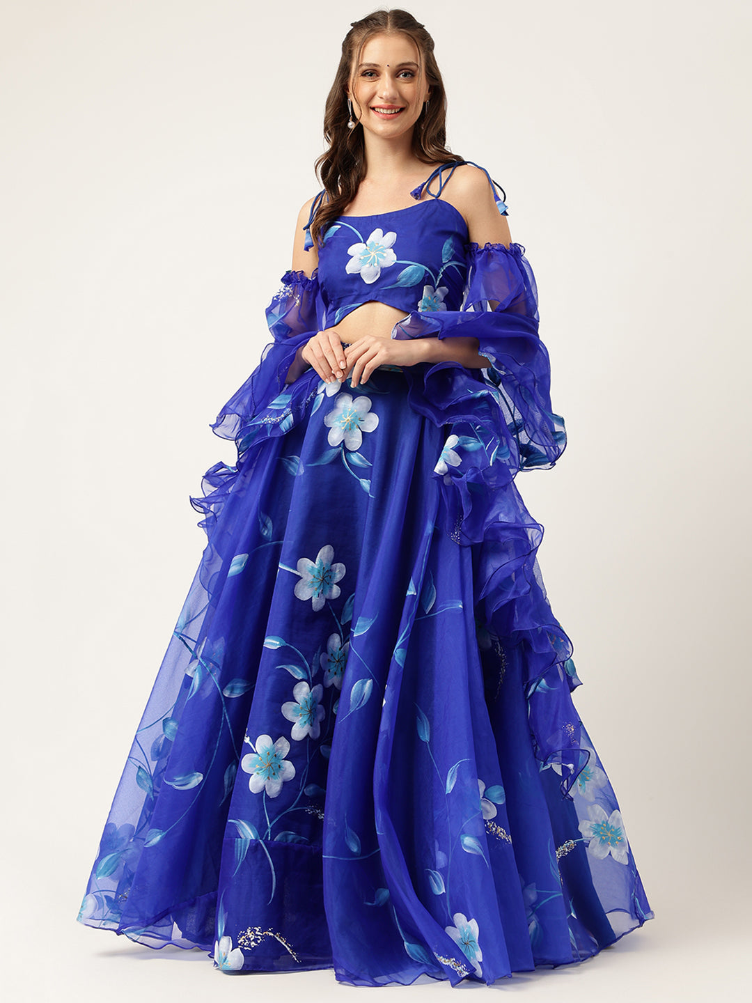 Blue Floral Hand Painted Lehenga & Blouse With Dupatta | LASVINI - Redefining Indian Fashion with Elegance
