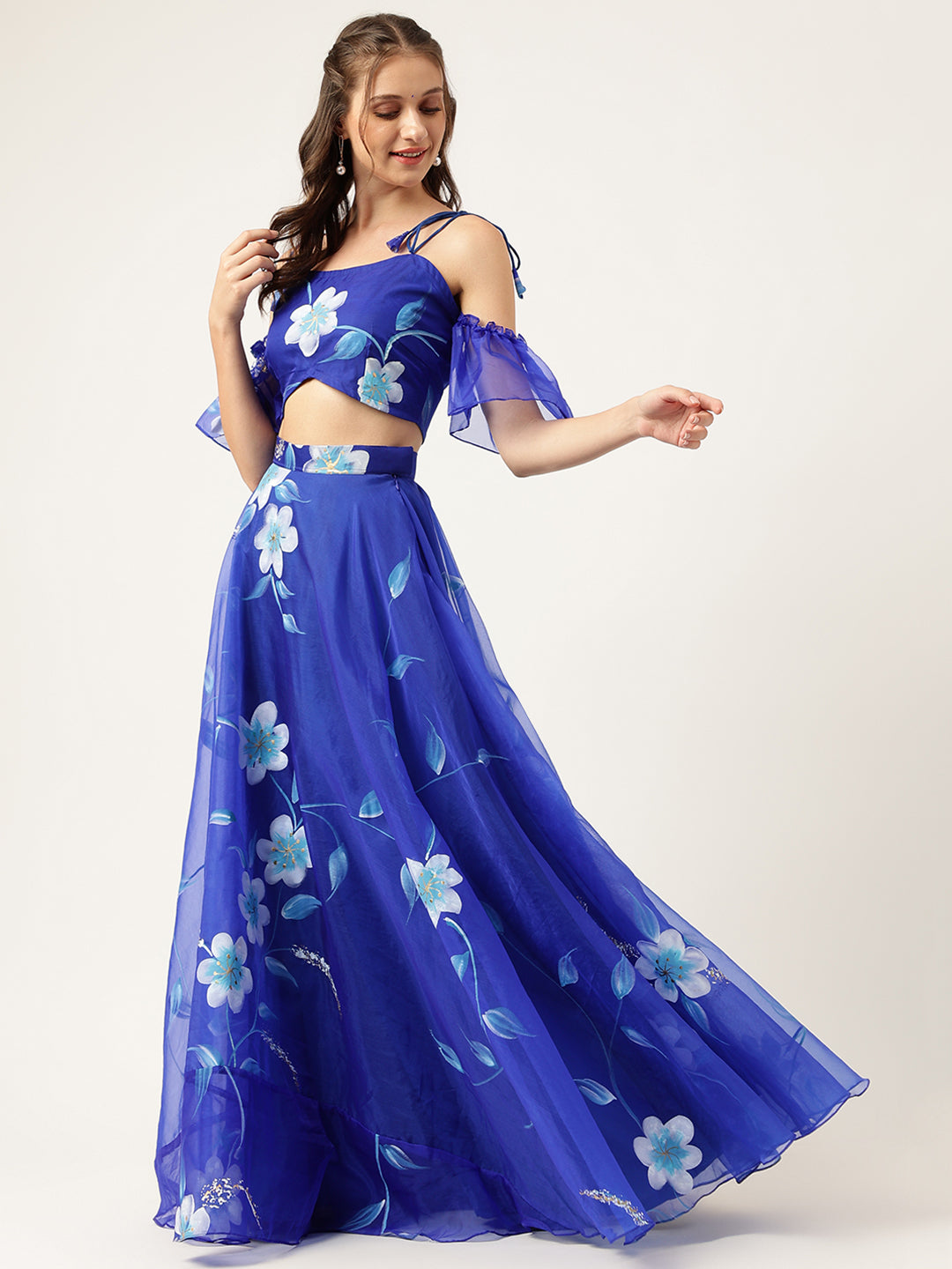Blue Floral Hand Painted Lehenga & Blouse With Dupatta | LASVINI - Redefining Indian Fashion with Elegance