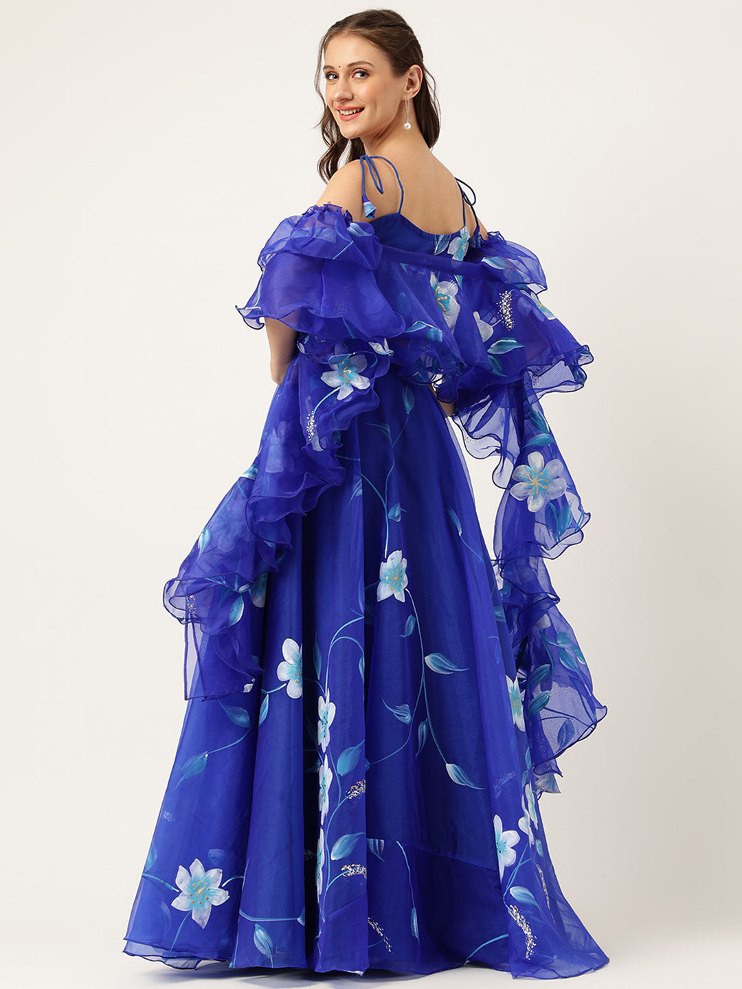 Blue Floral Hand Painted Lehenga & Blouse With Dupatta | LASVINI - Redefining Indian Fashion with Elegance