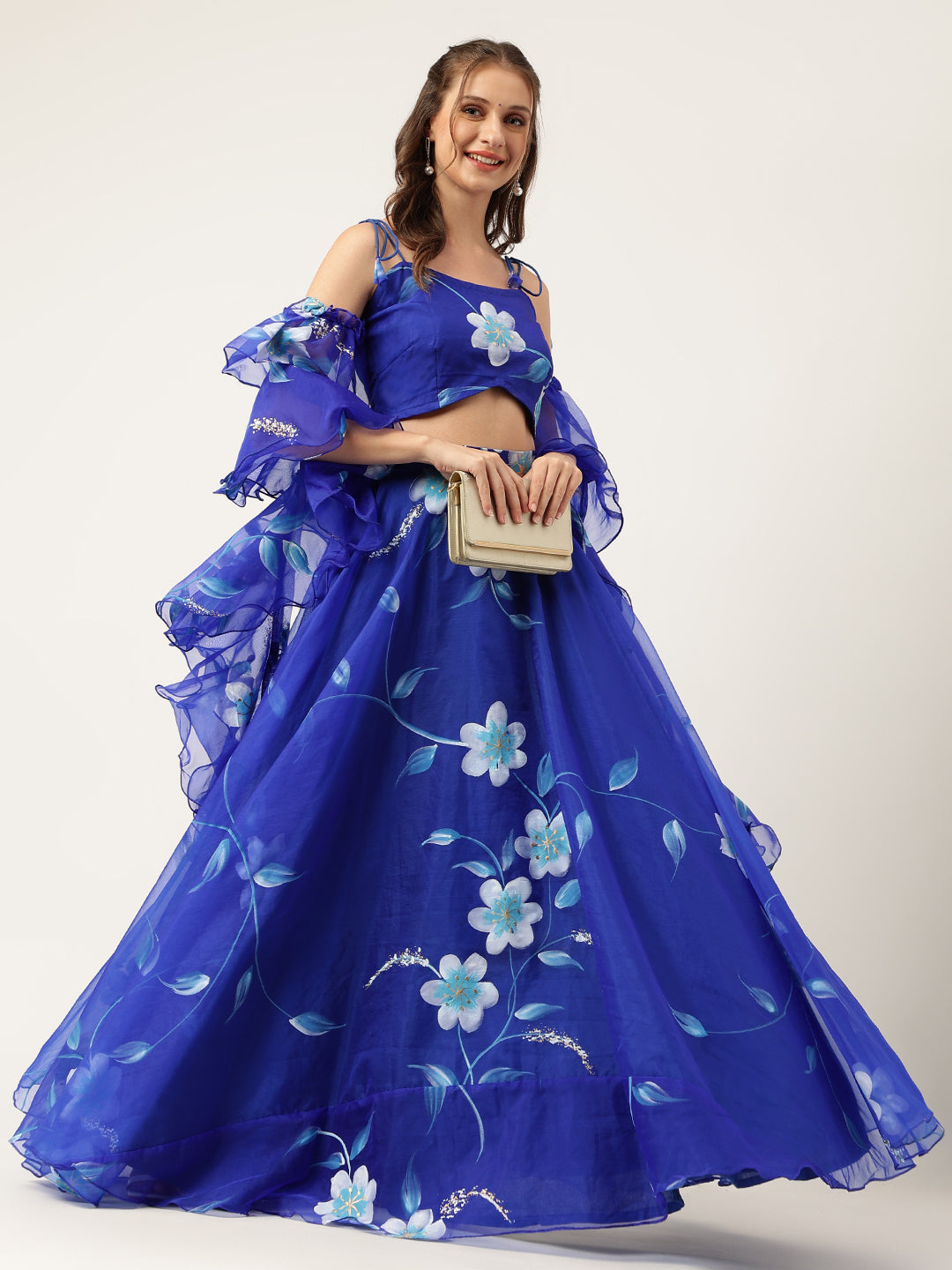 Blue Floral Hand Painted Lehenga & Blouse With Dupatta | LASVINI - Redefining Indian Fashion with Elegance