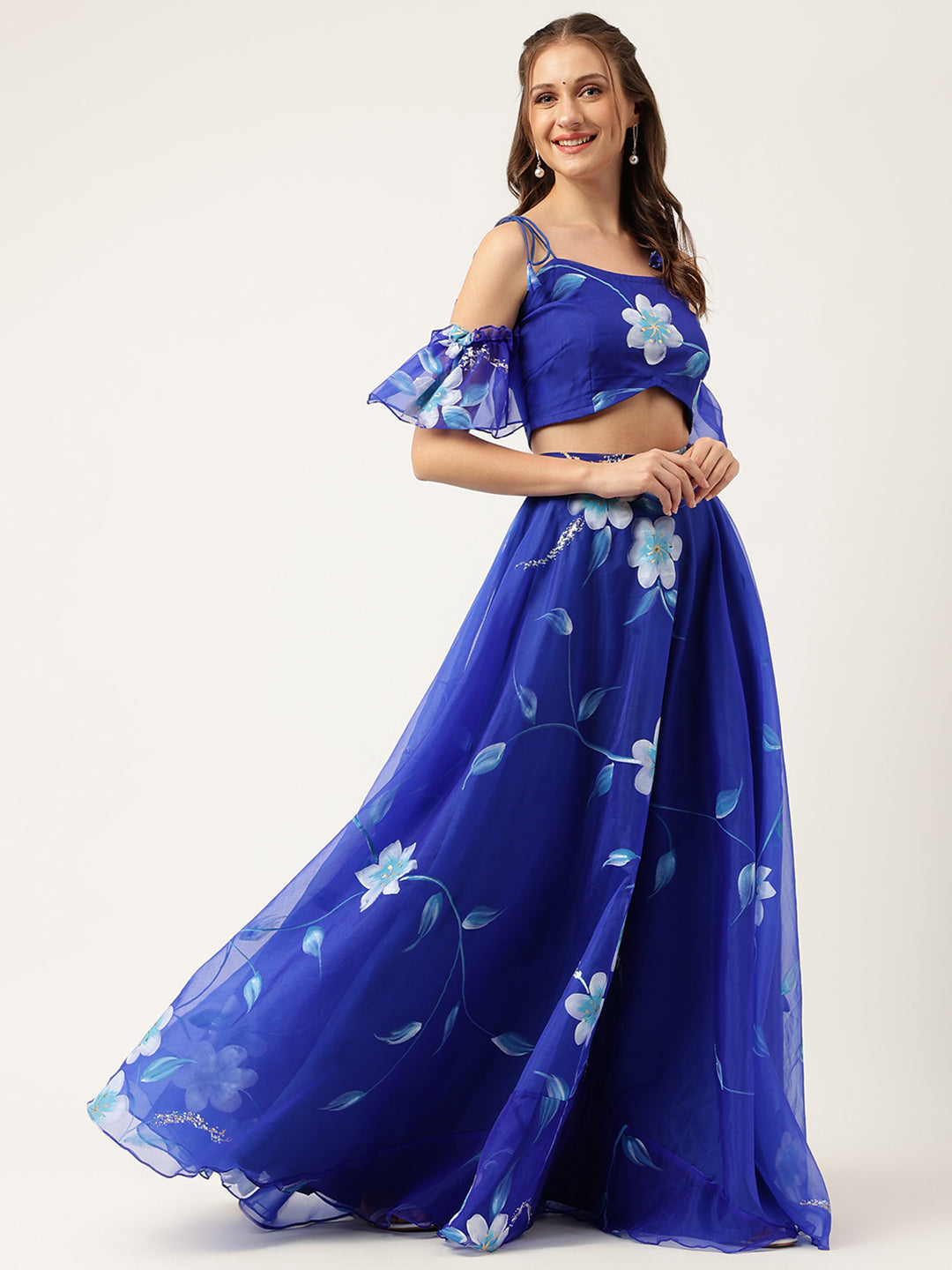 Blue Floral Hand Painted Lehenga & Blouse With Dupatta | LASVINI - Redefining Indian Fashion with Elegance