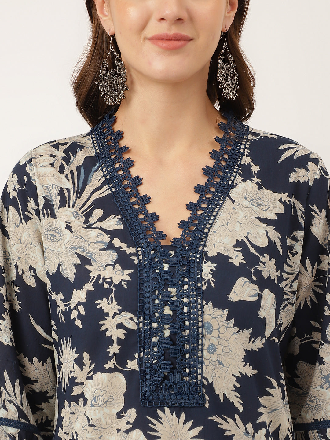 Navy Blue Floral Print Cotton Kurta, Trouser With Dupatta | LASVINI - Redefining Indian Fashion with Elegance