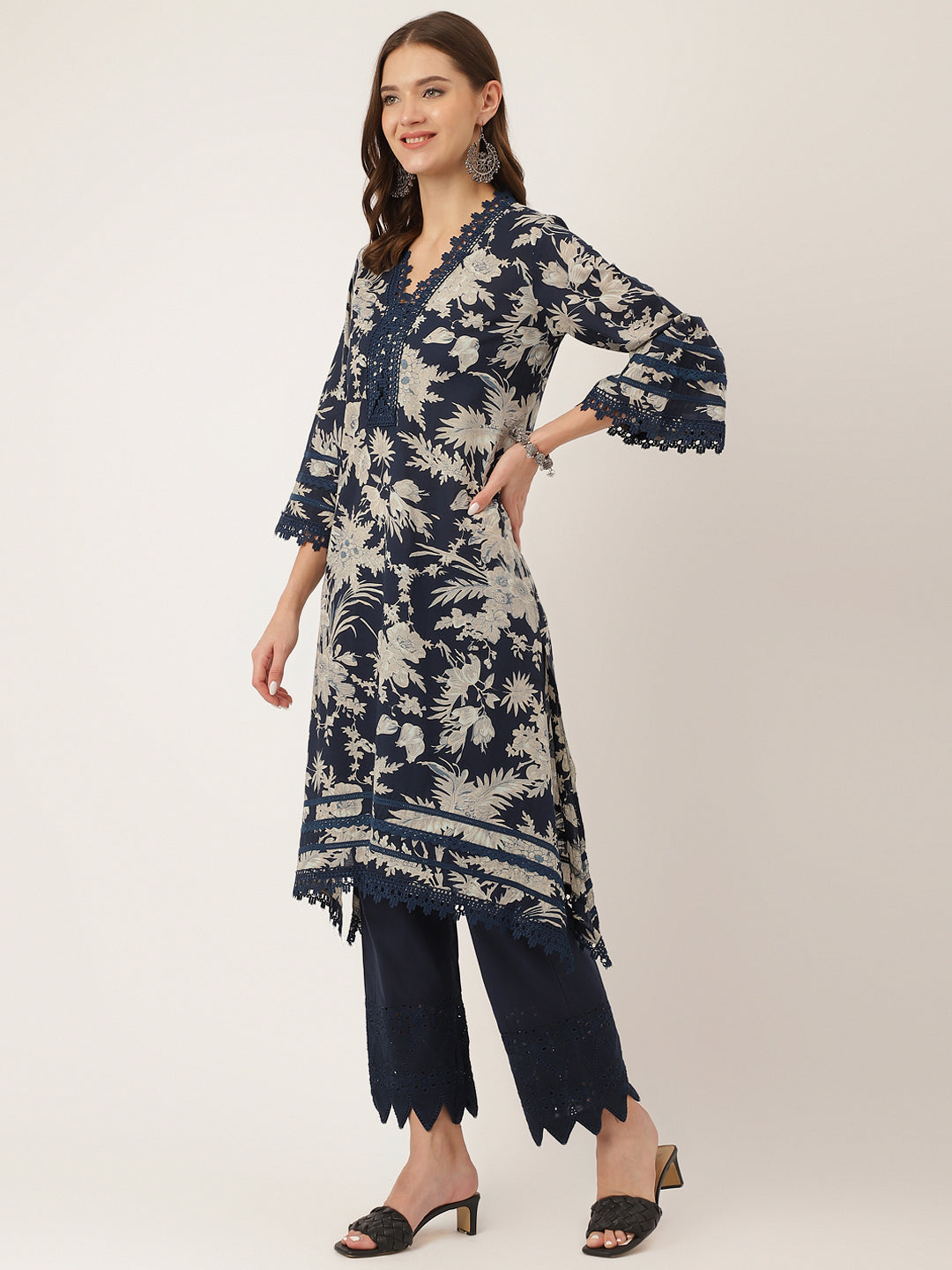 Navy Blue Floral Print Cotton Kurta, Trouser With Dupatta | LASVINI - Redefining Indian Fashion with Elegance