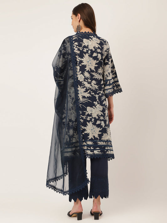 Navy Blue Floral Print Cotton Kurta, Trouser With Dupatta | LASVINI - Redefining Indian Fashion with Elegance
