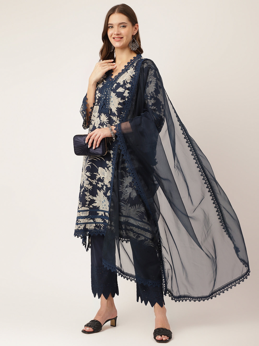 Navy Blue Floral Print Cotton Kurta, Trouser With Dupatta | LASVINI - Redefining Indian Fashion with Elegance