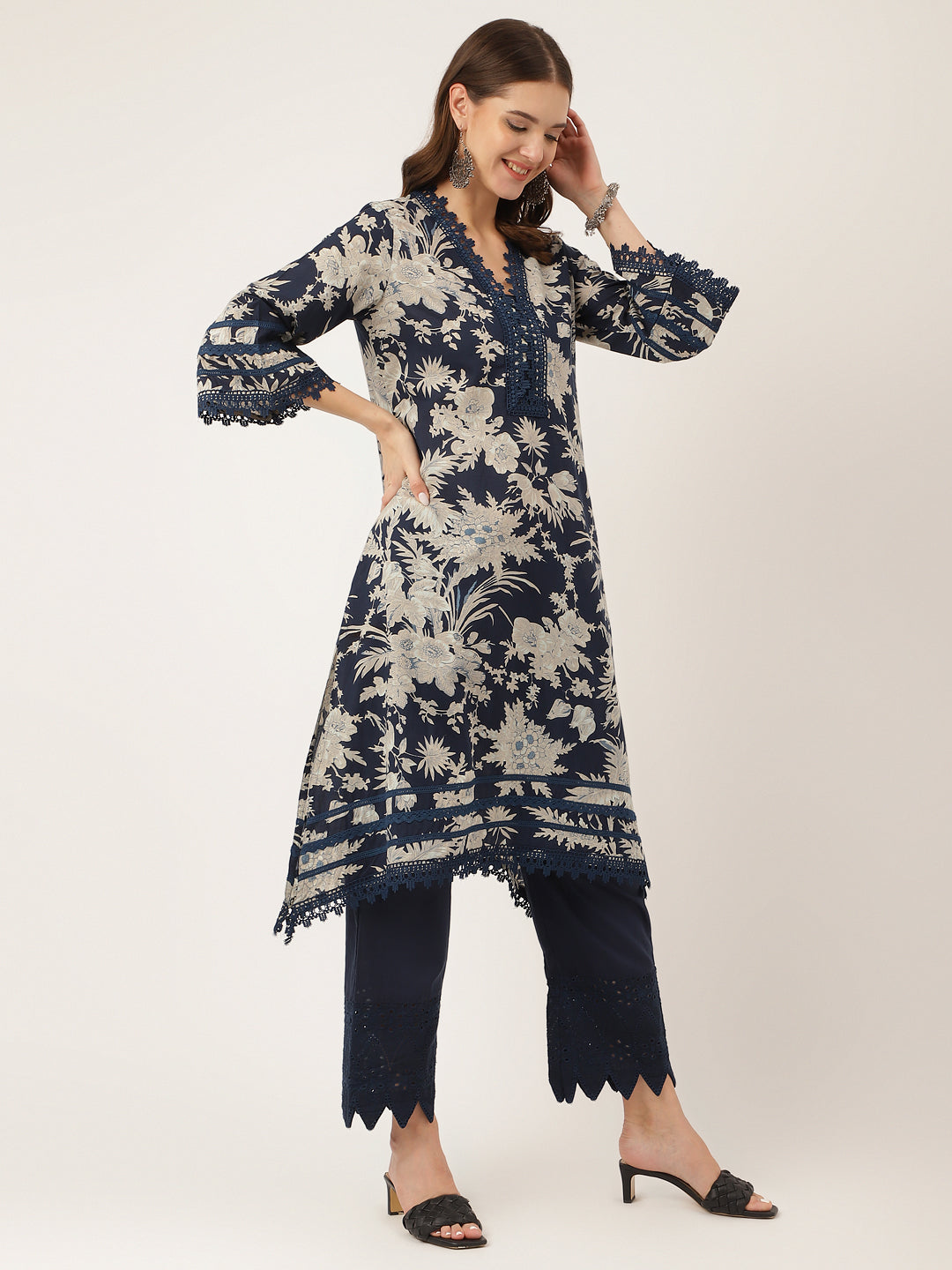 Navy Blue Floral Print Cotton Kurta, Trouser With Dupatta | LASVINI - Redefining Indian Fashion with Elegance