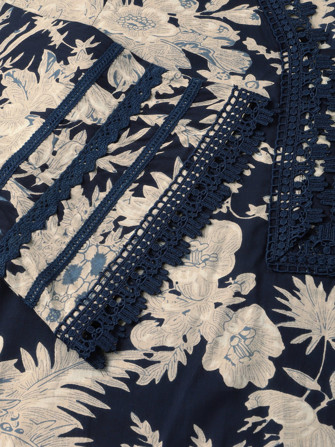 Navy Blue Floral Print Cotton Kurta, Trouser With Dupatta | LASVINI - Redefining Indian Fashion with Elegance