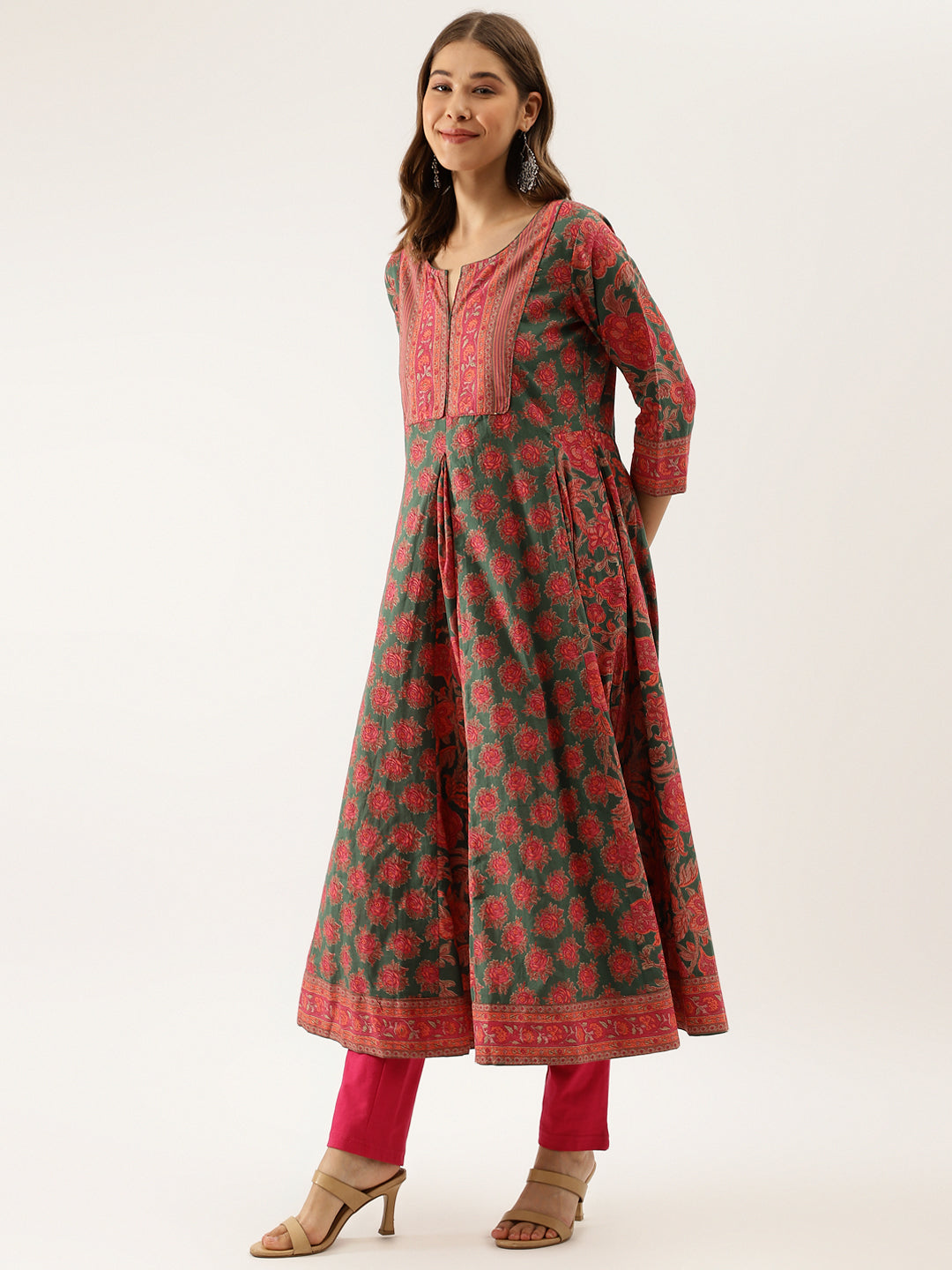 Women Green Floral Printed Flared Kurta Dress | LASVINI - Redefining Indian Fashion with Elegance