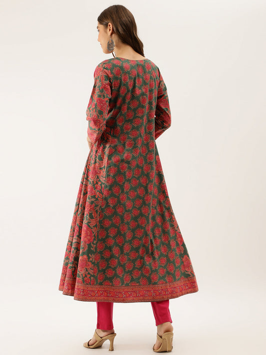 Women Green Floral Printed Flared Kurta Dress | LASVINI - Redefining Indian Fashion with Elegance