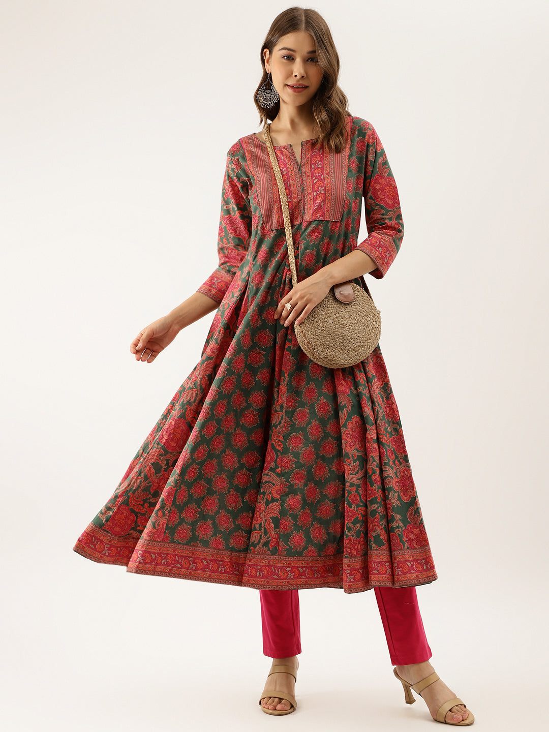 Women Green Floral Printed Flared Kurta Dress | LASVINI - Redefining Indian Fashion with Elegance