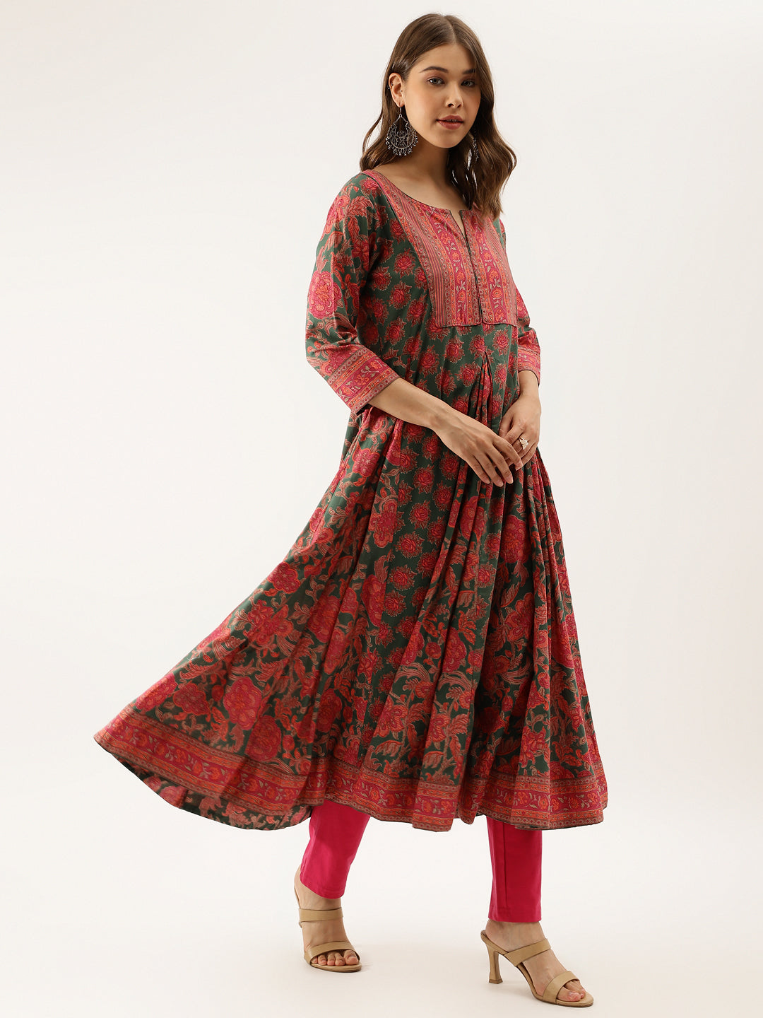 Women Green Floral Printed Flared Kurta Dress | LASVINI - Redefining Indian Fashion with Elegance