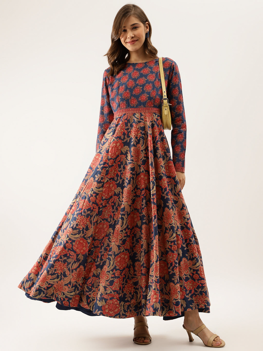 Women Blue Maroon Floral Printed Cotton Ethnic Long Kurta | LASVINI - Redefining Indian Fashion with Elegance