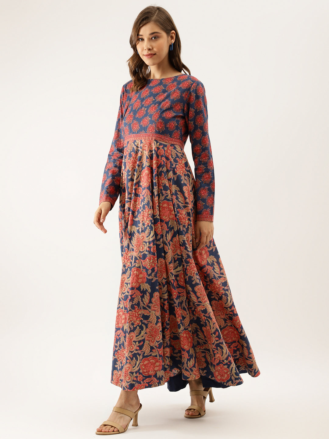 Women Blue Maroon Floral Printed Cotton Ethnic Long Kurta | LASVINI - Redefining Indian Fashion with Elegance