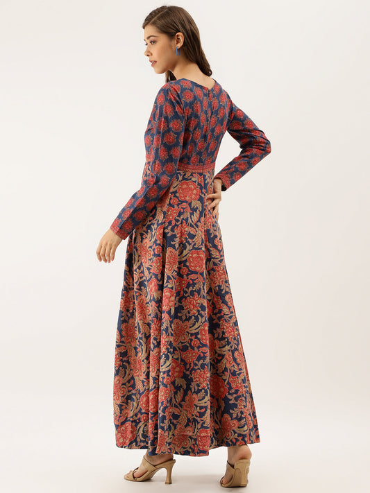 Women Blue Maroon Floral Printed Cotton Ethnic Long Kurta | LASVINI - Redefining Indian Fashion with Elegance