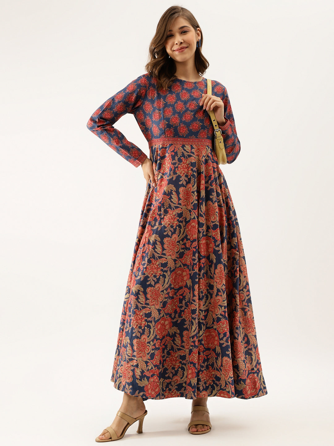 Women Blue Maroon Floral Printed Cotton Ethnic Long Kurta | LASVINI - Redefining Indian Fashion with Elegance