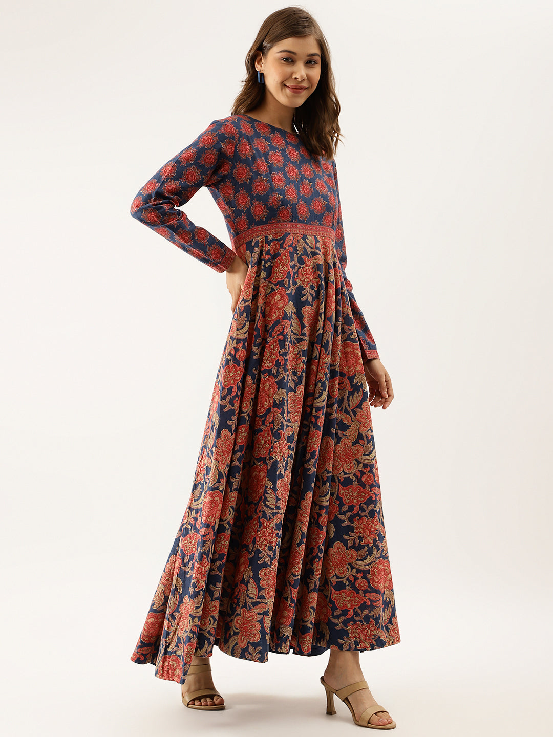 Women Blue Maroon Floral Printed Cotton Ethnic Long Kurta | LASVINI - Redefining Indian Fashion with Elegance