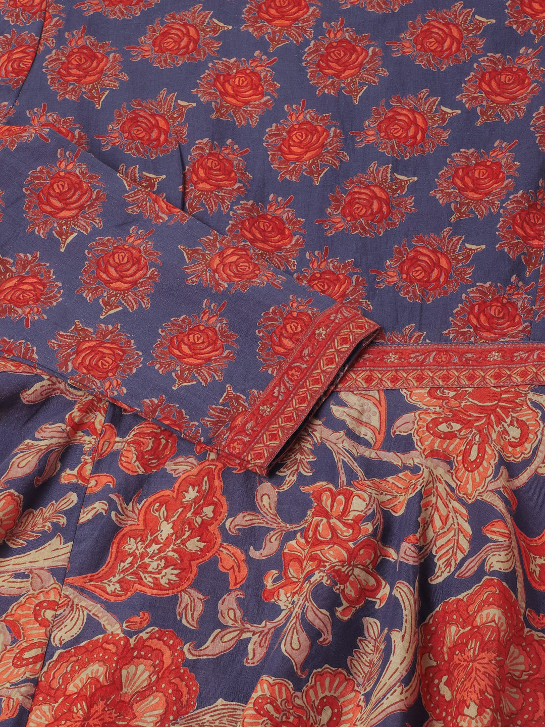 Women Blue Maroon Floral Printed Cotton Ethnic Long Kurta | LASVINI - Redefining Indian Fashion with Elegance